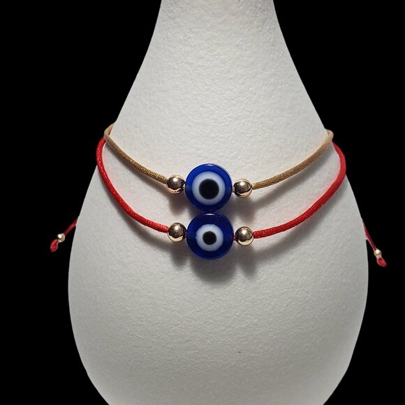 SET of 2 Bracelets 14K SOLID GOLD Beads Bracelet EVIL EYE Red String Kabbalah - Picture 3 of 4